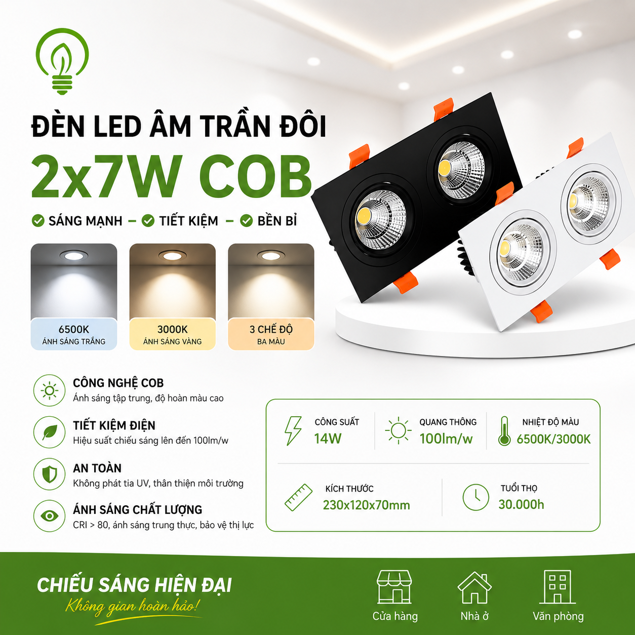 Đèn Led Âm Trần Đôi 2x7W Đèn led âm trần đôi 14W Athaco