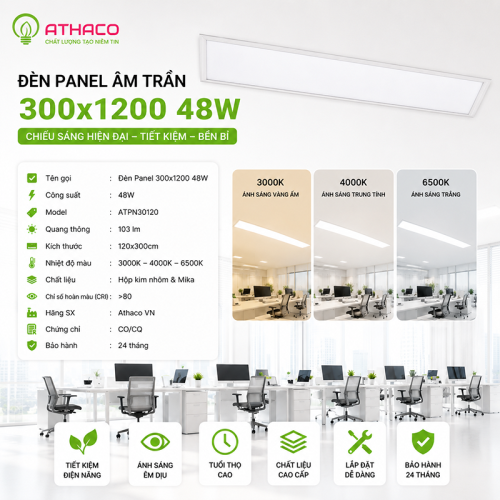 Đèn led panel 300x1200 âm trần 48W Athaco
