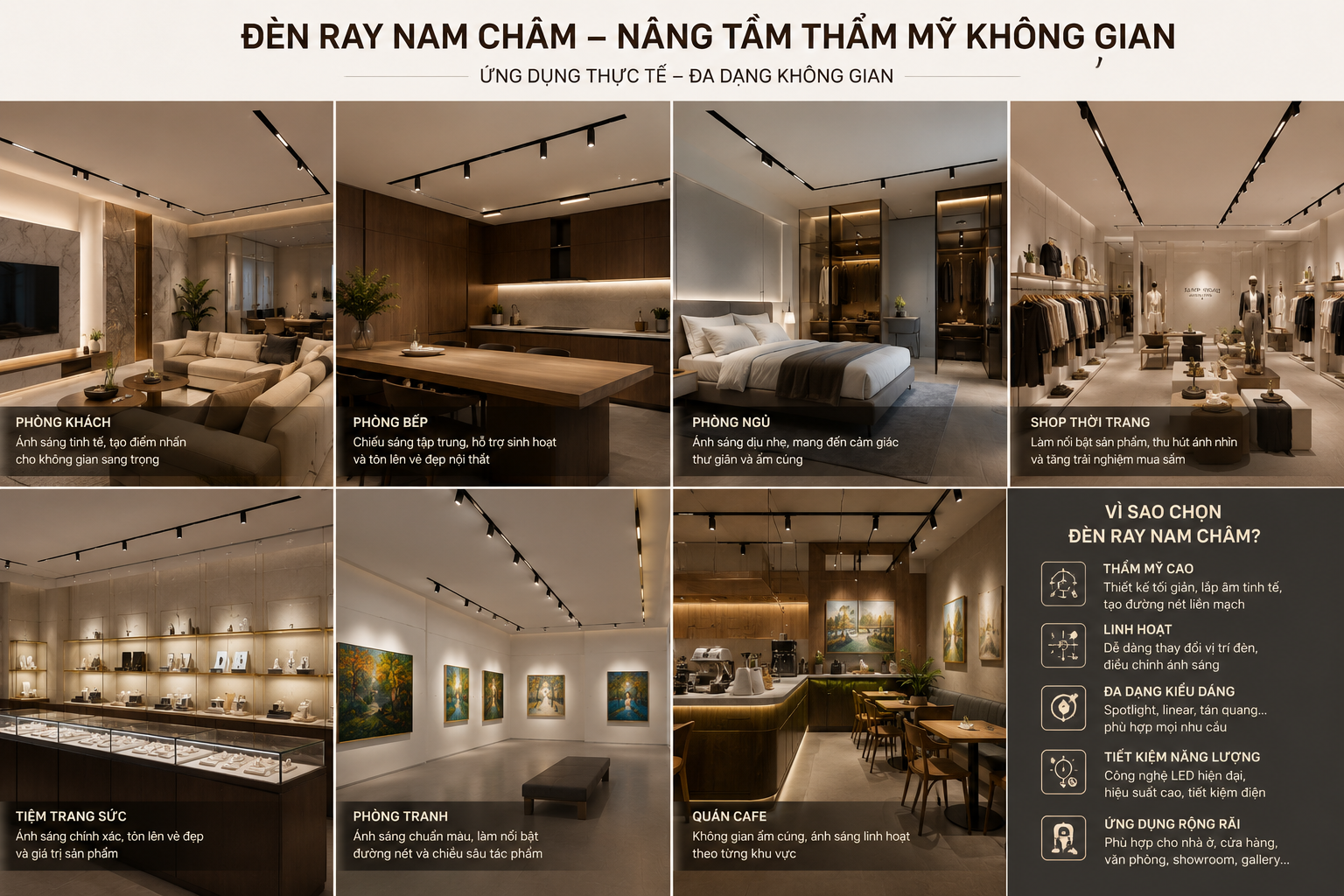 Đèn Ray Nam Châm Khác Gì Đèn Ray Thường? Đèn ray nam châm ứng dụng rộng rãi hiện nay bởi yếu tố thẩm mỹ và ánh sáng đẹp.