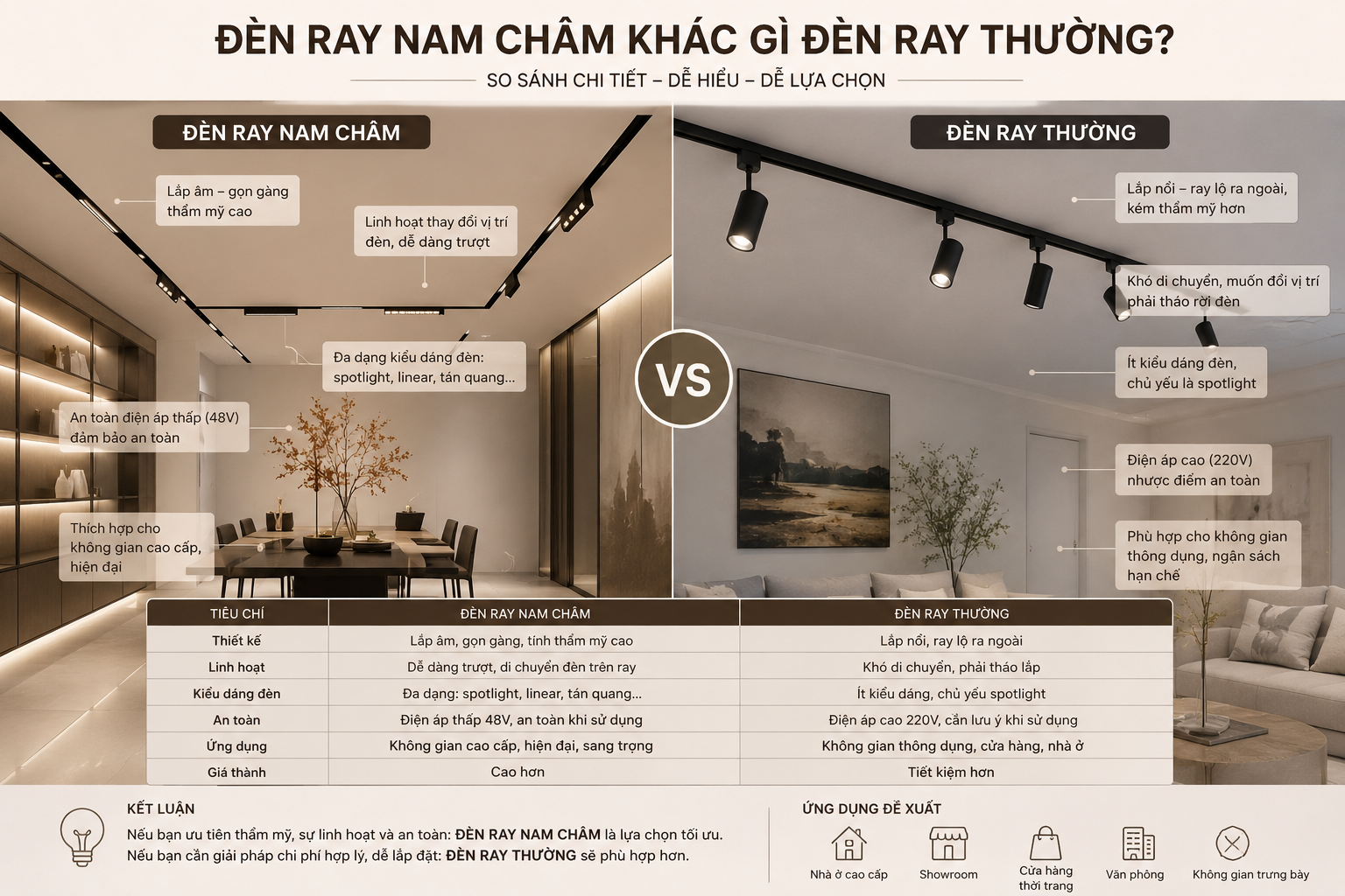 Bảng so sánh nhanh sự khác biệt giữa đèn ray nam châm và đèn ray thường