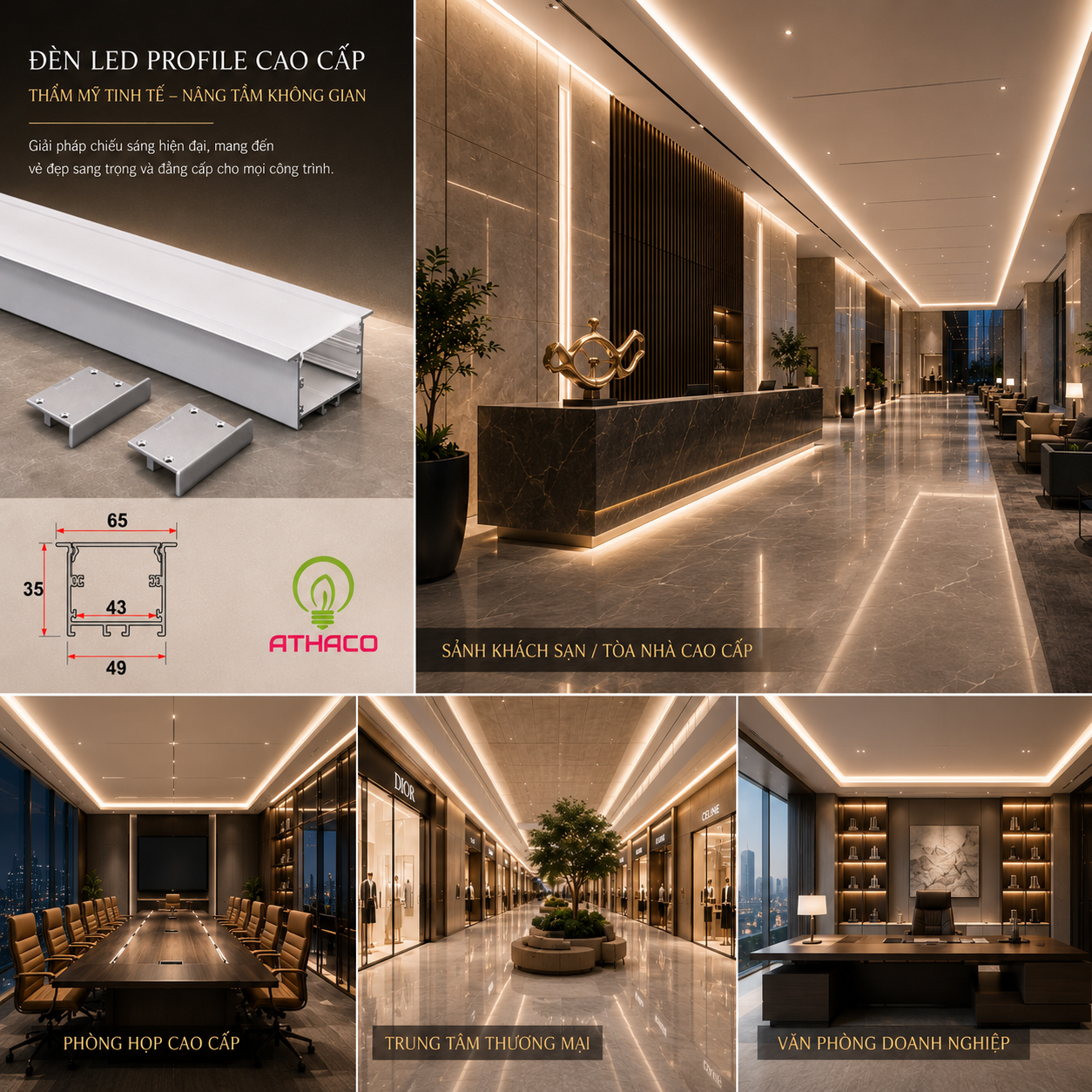 Thanh Nhôm Định Hình U5035 Âm-Nổi Ứng dụng thanh nhôm định hình led profile U5035 Lắp Âm Athaco