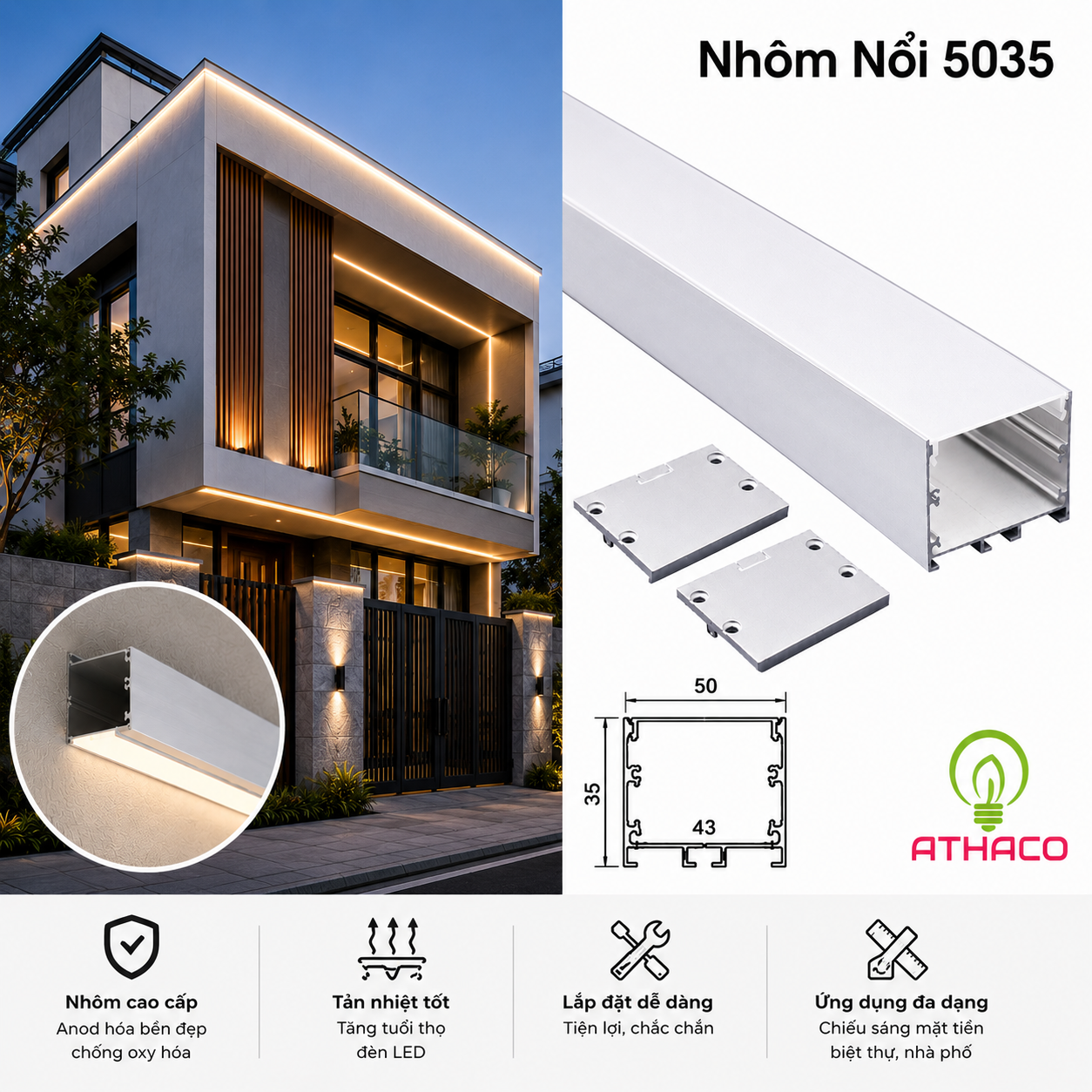 Thanh Nhôm Định Hình U5035 Âm-Nổi Ứng dụng thực tế thanh nhôm profile U5035 Lắp Âm Athaco