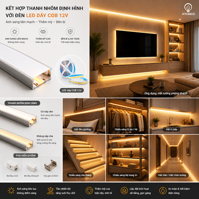 Đèn Led Dán 12V Cob Cuộn 5m Ứng dụng led dây cob 12V athaco