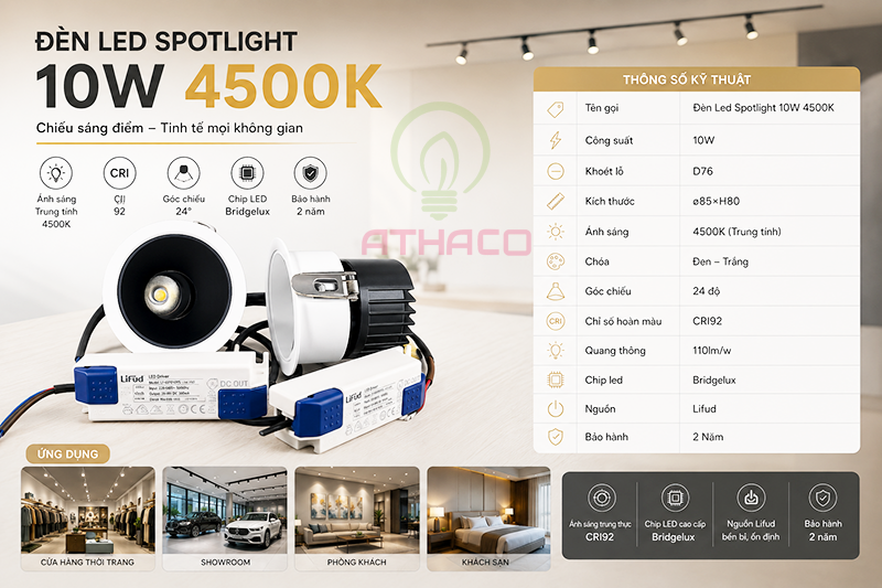 Thông tin đèn led spotlight âm trần 10W 4500K D76 